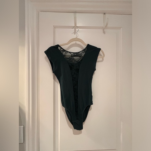 GREEN COTTON SPANDEX JERSEY LACE GLORIA V BODYSUIT- AMERICAN APPAREL - Picture 2 of 2